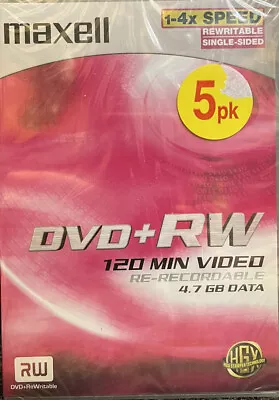 Maxell 5 Pack DVD + RW 120 Min 4.7 GB Blank DVD Discs 1-4x Speed Brand New  Pack • £12.99