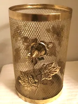 Vtg MCM Hollywood Regency Gold Metal Mesh Floral  Waste Basket Can • $40