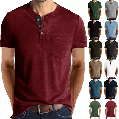 £15.82 • Buy Mens Short Sleeve Henley Shirt Casual Solid Slim Fit Button Tops T Shirt Tunic