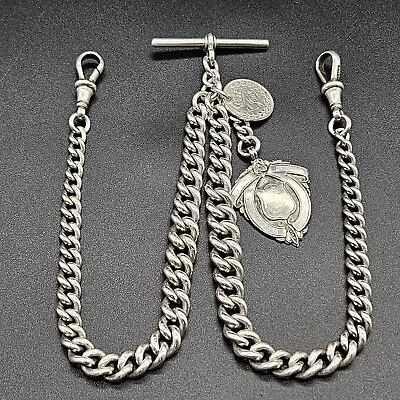 Antique Victorian Sterling Silver Double Albert Pocket Watch Chain/2Fobs/UK/1912 • $440