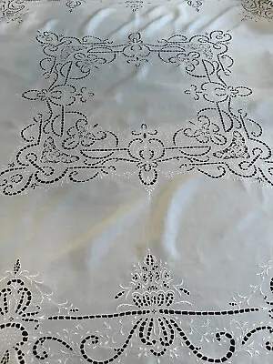 Italian Needle Lace Inserts & Embroidered Tablecloth White  54 X 55  - Exquisite • $175