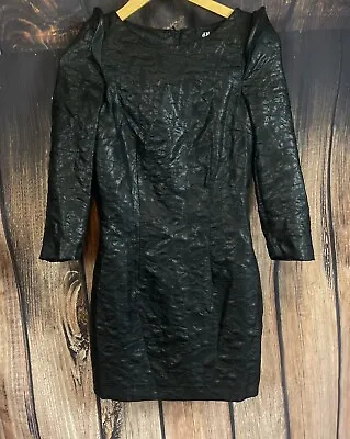 H&m Womens Black Textured Crinkle & Faux Leather Midi Sheath Dress Size 4 • $24.80