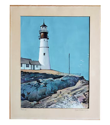 Charming Vintage Gouache Painting Historic Maine Lighthouse Portland Head Light • $75