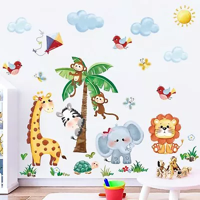 Decalmile Jungle Animals Wall Decals Giraffe Elephant Monkey Tree Wall Stickers • $15.67