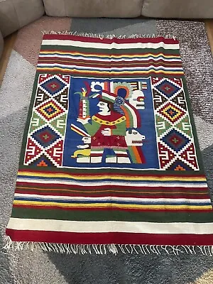 Vintage Mayan King Zapotec Mexican Multicolor Wool Blanket Rug 77x56 • $325