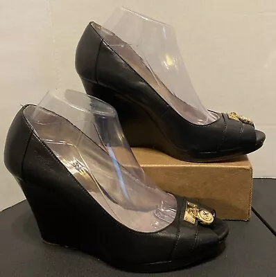 MICHAEL KORS Hamilton Luggage Black Leather Wedge Platform Open Toe Shoes Sz 10M • $44.99