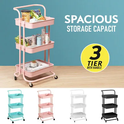 3 Tier Kitchen Bathroom Trolley Cart Steel Storage Rack Shelf Organizer Wheels • $34.99
