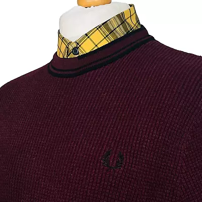 Fred Perry Abstract Tipped Waffle Textured Crew Jumper - Port - Size S/M • £0.99