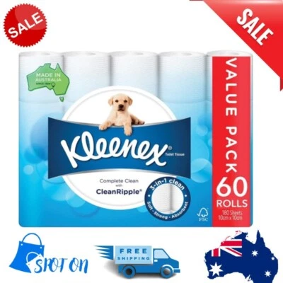 $44.99 • Buy 60 X Kleenex Toilet Paper Tissue Rolls Soft 180 Sheets Roll Wipes Clean Papers