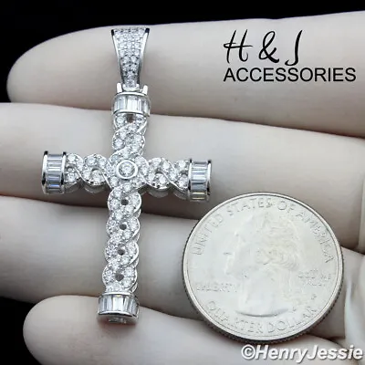 Men Solid 925 Sterling Silver Icy Bling Baguette Cz Cross Charm Pendant*asp241 • $39.99