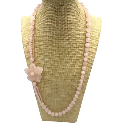 Vintage Chinese Hand Carve Pink Rose Quartz Flower Pendant Beaded Necklace 28” • $97.57