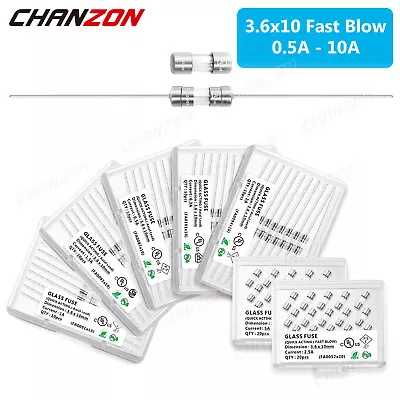 £4.45 • Buy 3.6x10mm Glass Tube Fuse 0.5A 1A 1.5A 2A 2.5A 3A 3.15A 5A 6.3A 10A 250V 125V 12V