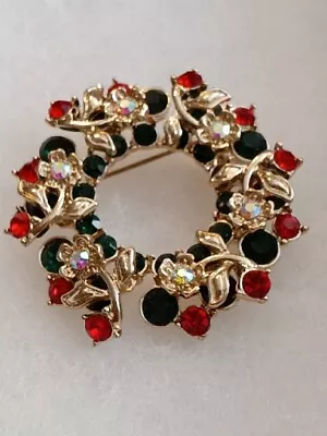 VTG Brooch Signed Monet Christmas Wreath With AB Rhinestones Gold Tone Stunning • $19.75