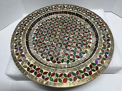 Vintage  Mosaic Metal Round Tray.  Large Size 13.5” As Is 2 Pieces Broken SeePic • $20.70