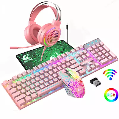 Pink Wireless Gmaing Keyboard Mouse And Headset Combo LED Backlit For PS4 PC MAC • $75.48