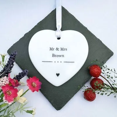Personalised Porcelain Mr Mrs Hanging Heart | Wedding Anniversary Keepsake Gift • £8.90