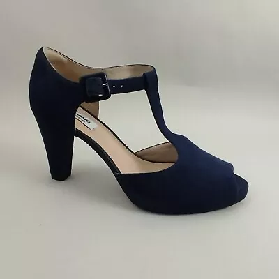 Clarks T-Bar Shoes Womens 6 D Navy Suede Leather Mary Jane Heels Peep Toe Smart • £29.99