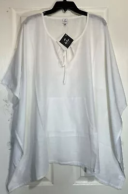 Echo Caftan Swim Cover-Up Size: One Size Front Pocket Drawstring Neck White NEW • $27.99