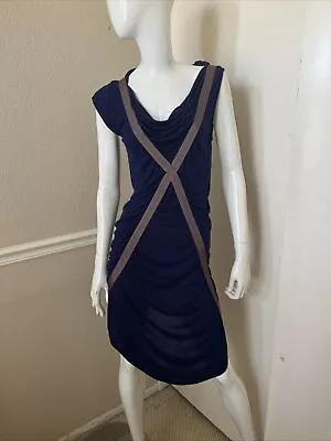 VPL Dk Royal Blue/Gray 100% Modal Draped Neck Sleeveless Draped Sheath Dress S • $62.99