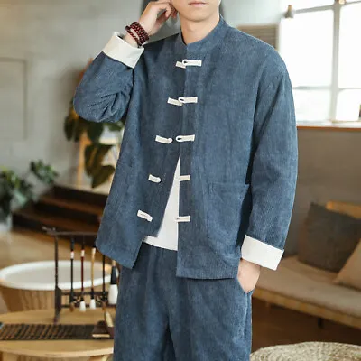 Men Corduroy Jacket Chinese Kung Fu Tang Suit Mandarin Collar Blouse Coat Tops • $46.81