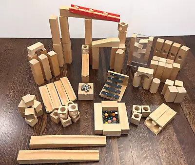 Marble Wooden Track Set Mostly Haba - Over 75 Pcs + Marbles - W/ Musical Stairs • $82