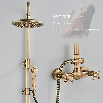 Antique Brass Bathroom Exposed Shower Mixer Taps Twin Head Rain Shower Head Set • £95