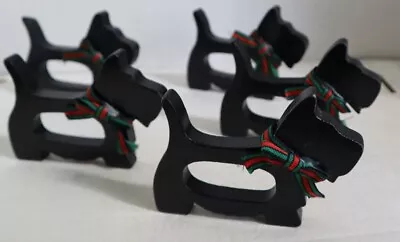 Scottish Terrier Napkin Rings Wooden 5 With Red/Green Plaid Bows Scotty VTG • $19.95