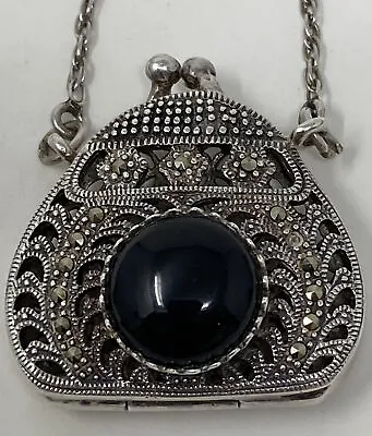 £123.61 • Buy Cool Vintage Sterling Silver Marcasite Onyx Purse Locket Pendant Stash Necklace