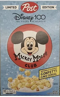 NEW POST DISNEY MICKEY MOUSE CLUB CONFETTI CAKE FLAVORED CEREAL 16 OZ 100 Years • $14.99