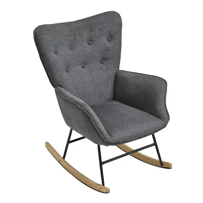  Grey Linen Wingback Rocking Chair For Nursing W/ Metal Frame And Wooden Base • £99.95