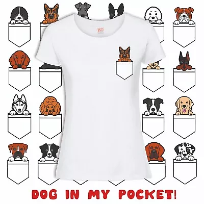 POCKET PUPPY DOG POCKET LADIES WHITE T-SHIRT Choose Your Own Breed Dog Lovers • £11.99