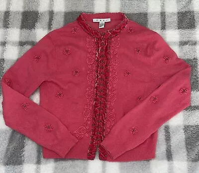 Cabi Vintage Pink Angora Blend Embroidered Beaded Cardigan Size Medium • $15