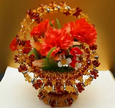 Vintage Mid Century Safety Pin Amber  Beaded Basket With Flowers  • $14.95