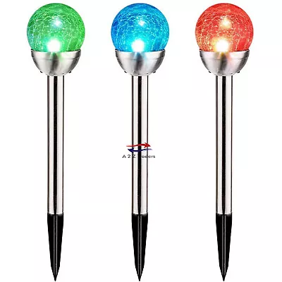 Solar Powered Stainless Steel 7 Colour Changing LED Crackle Ball Garden Lights • £11.95