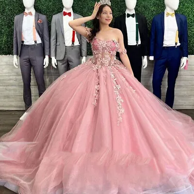 $152.09 • Buy Pink Quinceanera Dresses 3D Lace Floral Princess Sweet 15 16 Pageant Ball Gowns
