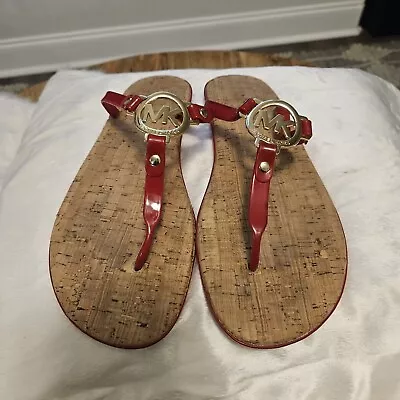 Michael Kors Sandals Jet Set Jelly Flip Flo Flats Red PVC Slip On Cork Size 10 • $18.99