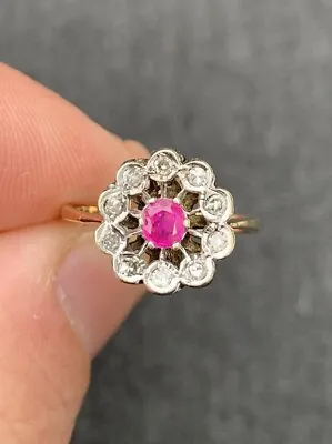 9ct Gold Ruby & Diamond Victorian Style Cluster Ring 9k 375 • $1.89