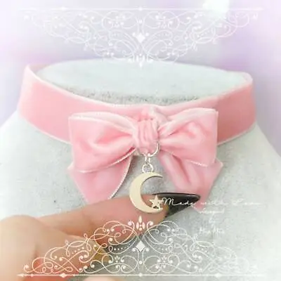 Choker Necklace Kitten Play Collar  Daddys Girl Pink Velvet Bow Little Moon  • $16.80