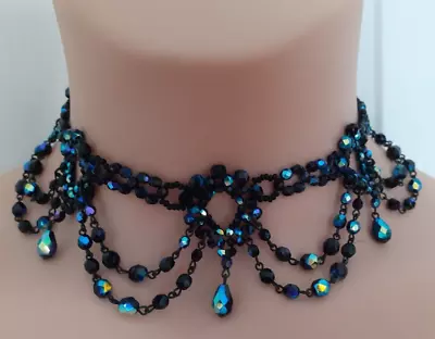 COSTUME Choker Necklace Blue Faceted Sparkly Beads Goth Steampunk Victoriana • $12.33