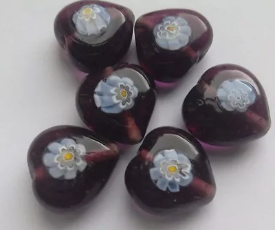 6 Handmade Glass Lampwork Beads Purple Millefiori Floral Heart. Jewellery/Craft • £7.90