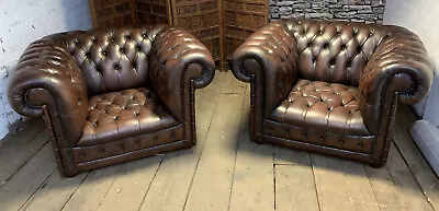 Chesterfield Full Button Club Chairs A  Pair In Gorgeous Antique Tobacco Brown • £895