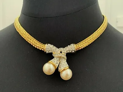 Gorgeous French Vintage Designer NECKLACE - Two Pearls & Crystals As Pendant • $219