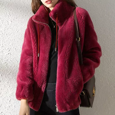 Ladies Plain Zip Up Pocket Jacket Tops Womens Fleece Fluffy Stand-up Collar Coat • £12.55