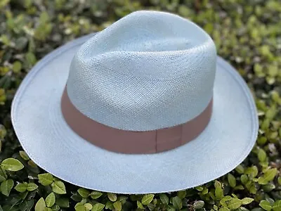 Light Blue Panama Hat Fedora Woven By Hand  Size M/L (61) Grey Ribbon • $80