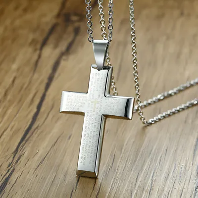 Men Women Lords Prayer Christian Bible Cross Pendant Necklace Crucifix Jewelry • $4.99