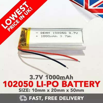 3.7V 1000mAh Li-Po Battery (102050)Rechargeable High Capacity Tablet PC + Device • £5.49