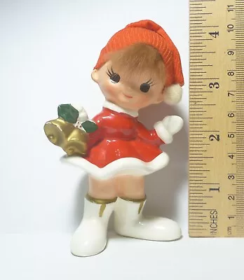 Vintage Napco 4  Elf Pixie Girl Figurine Christmas Caroler Real Hair Japan • $34.95