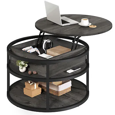 2 Tier Round Lift Top Coffee Table With Hidden Storage Compartment Home Office • $102.99