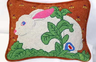 Vtg Needlepoint Grey Bunny Rabbit Pillow 13  X 10  Orange Background And Backing • $24.99