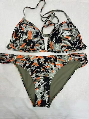 Primark Bikini 2 Piece Swimsuit Swimming Costume Green Orange Camouflage Size 14 • £5
